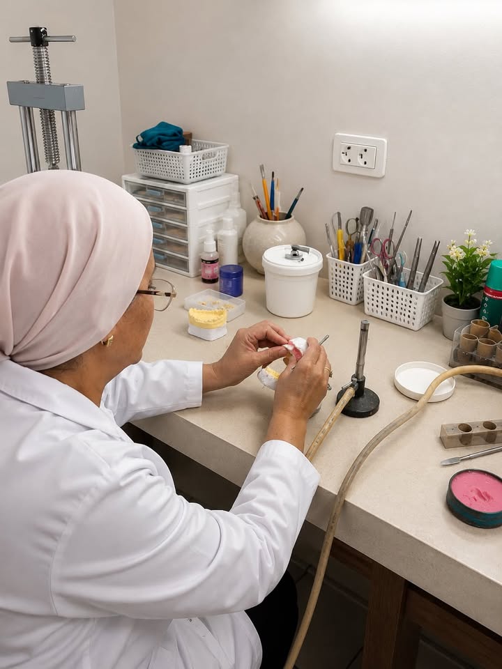 Travail manuel sur prothèse dentaire en laboratoire