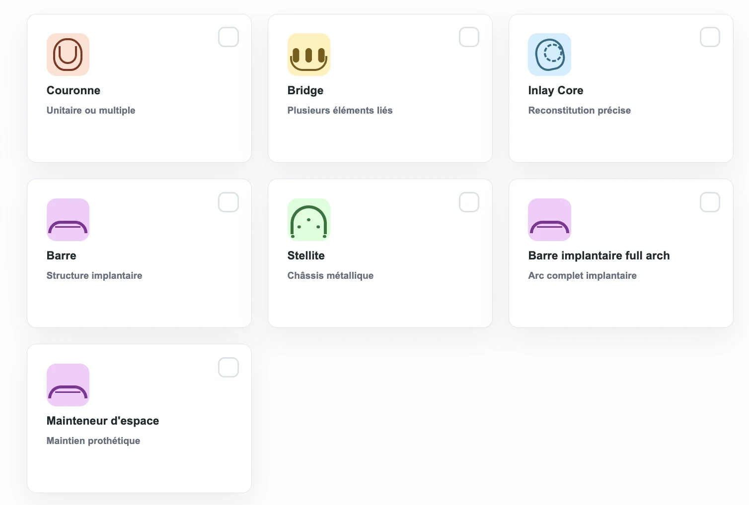 Grille de produits dentaires disponibles dans l'espace client